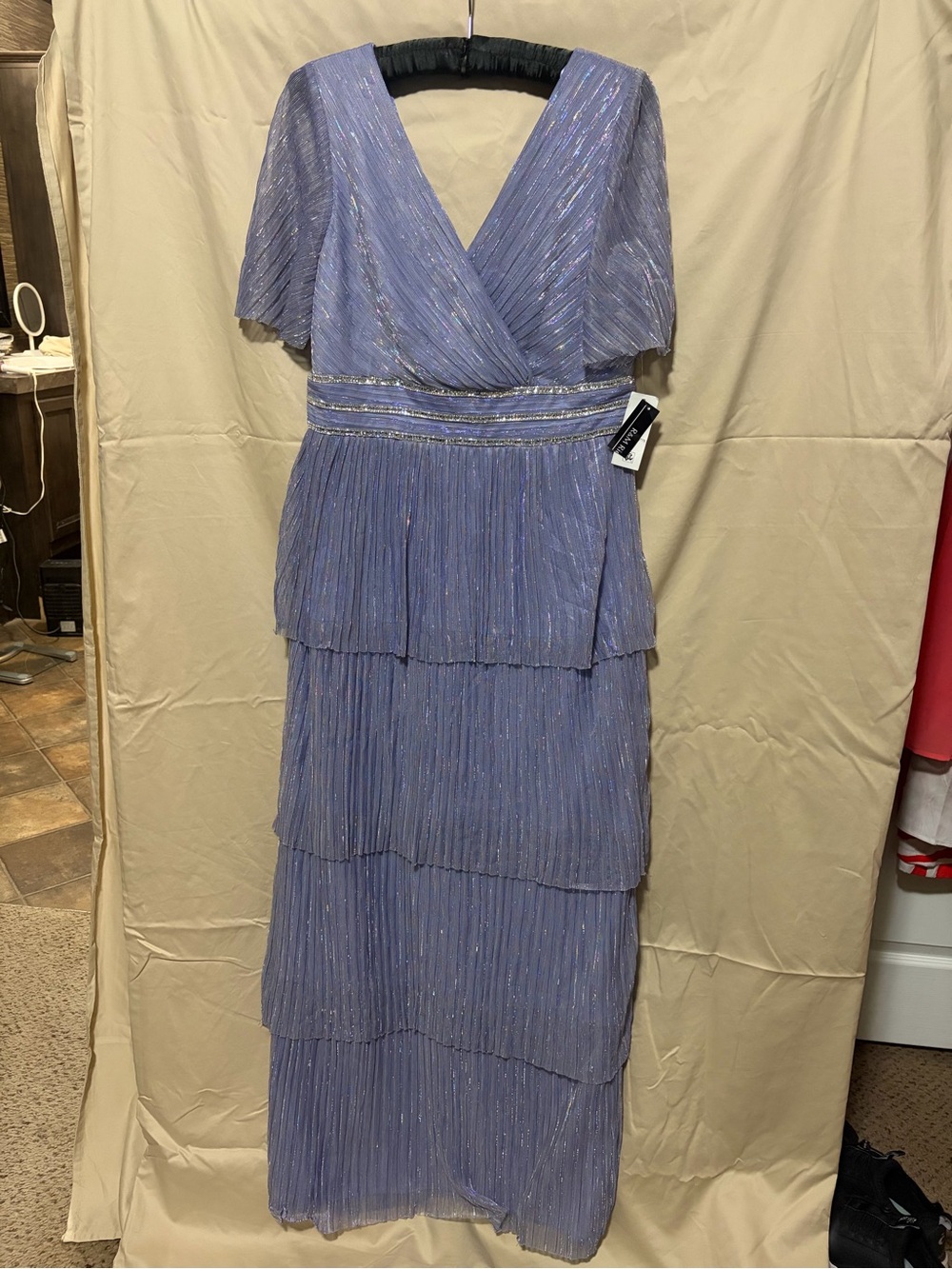 R&M Richards Lilac Tiered Pleated V-Neck Maxi Dress